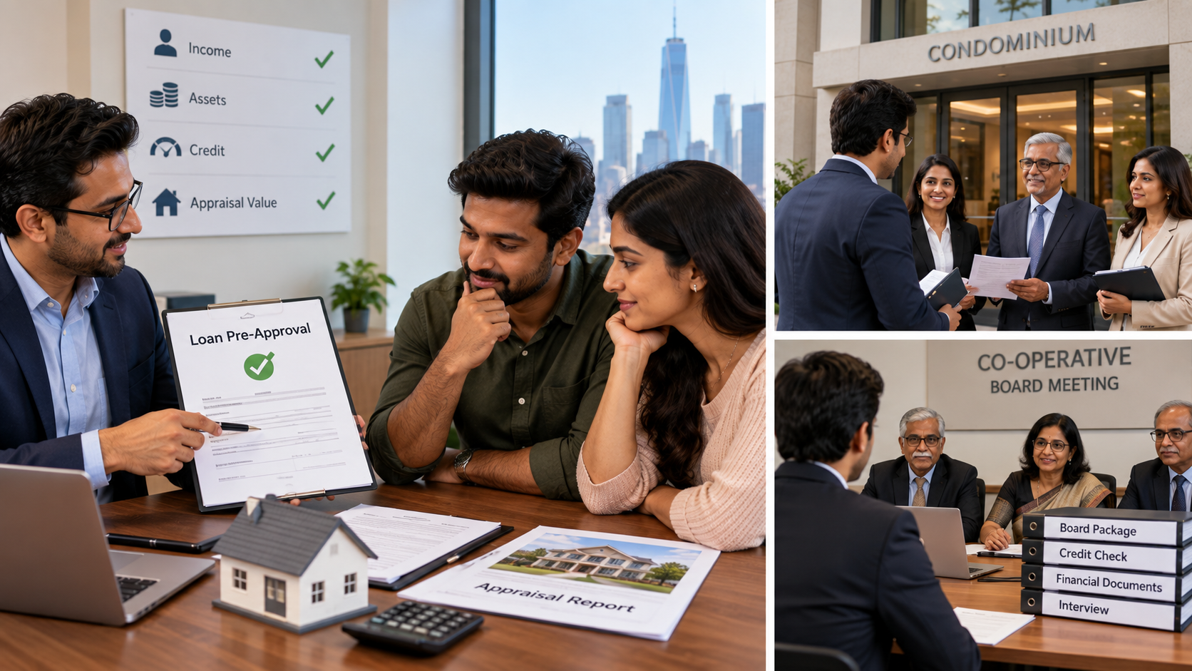New York home financing process showing loan pre-approval, property appraisal, condo board review, and cooperative board approval.