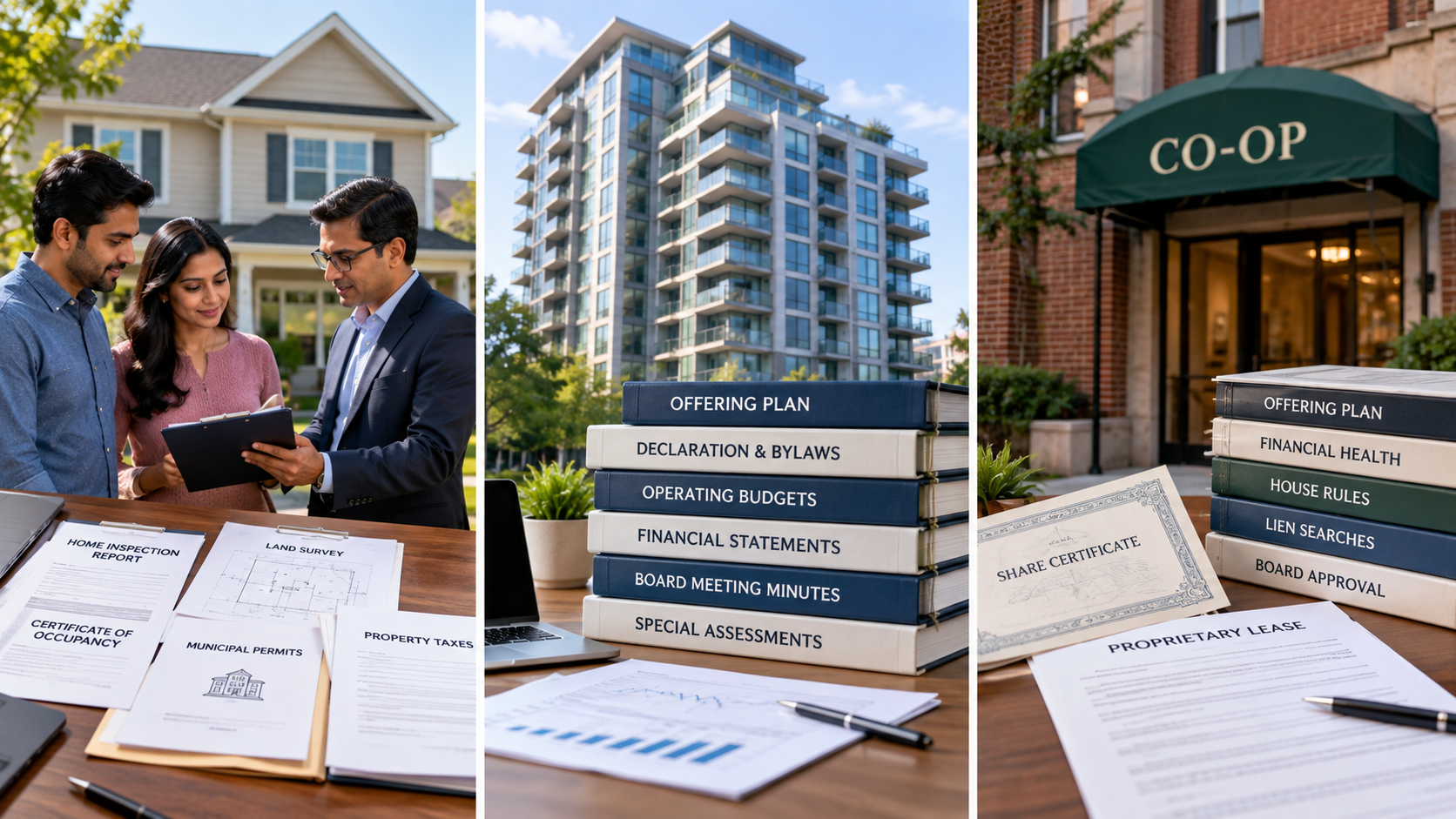 New York real estate due diligence for houses, condos, and co-ops, showing property documents, financial records, inspections, and board requirements.