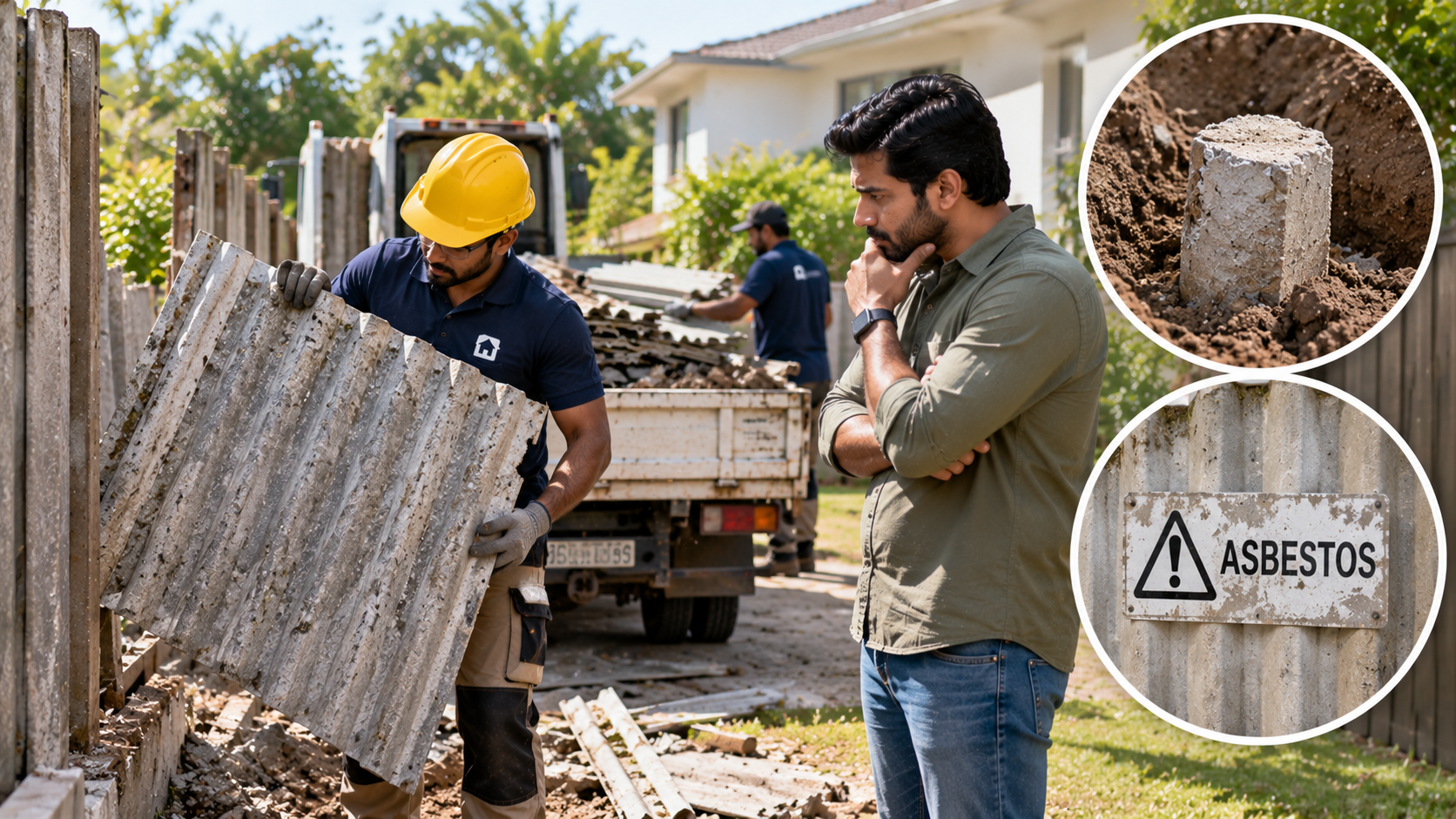 Fence workers safely removing an old asbestos fence while exposing concrete footings during a residential fence replacement in Perth.