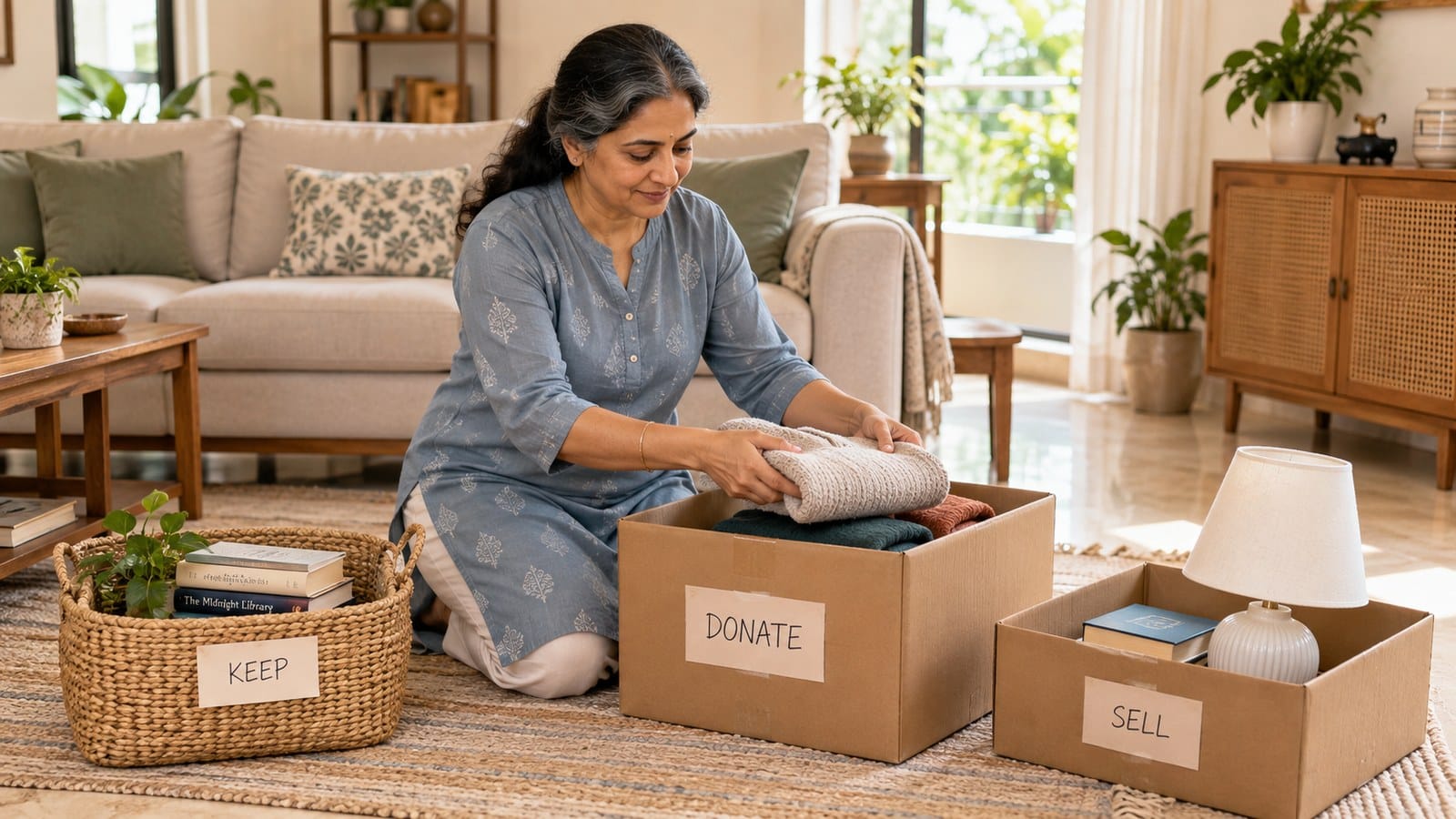 Indian homeowner sorting belongings into keep, donate and sell containers while decluttering before listing her home for sale.