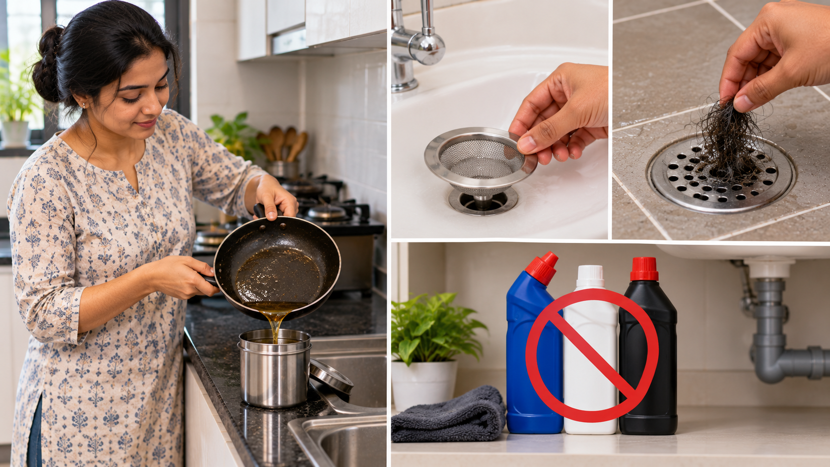 Home drain-clog prevention with grease disposal, a mesh drain strainer, hair removal, and careful use of chemical drain cleaners.