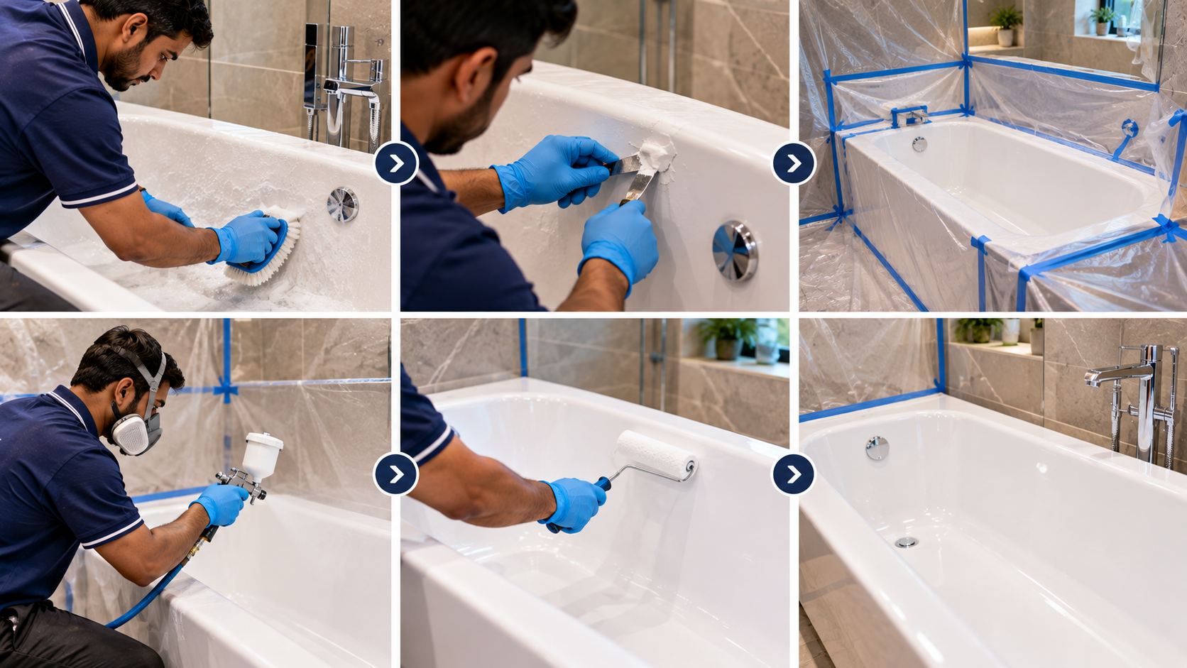 Professional bathtub refinishing process showing cleaning, repair, masking, coating and final glossy finish in a modern Indian bathroom.