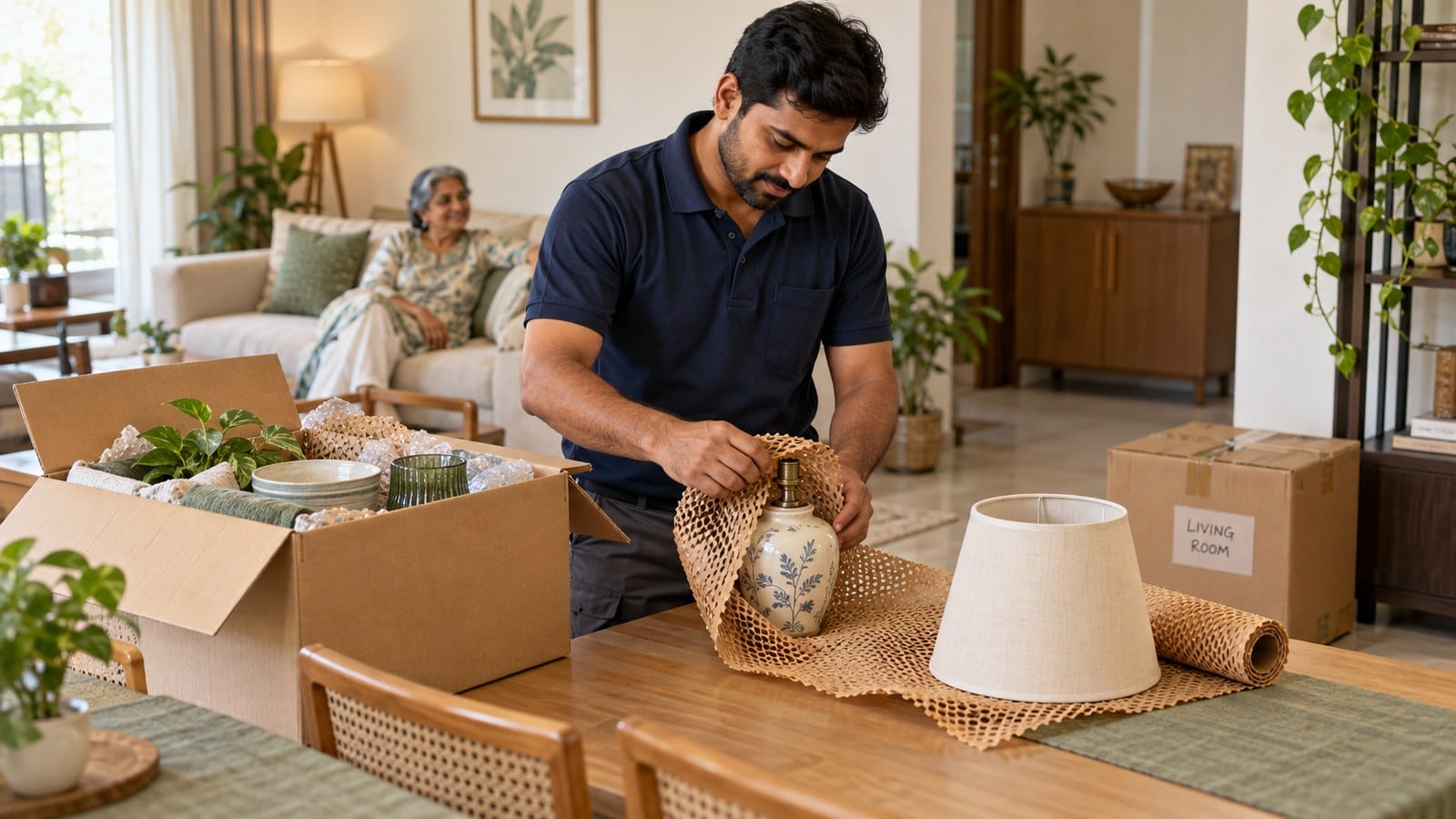 Professional mover carefully wrapping a ceramic lamp in an Indian home while an older homeowner rests, easing the downsizing move.