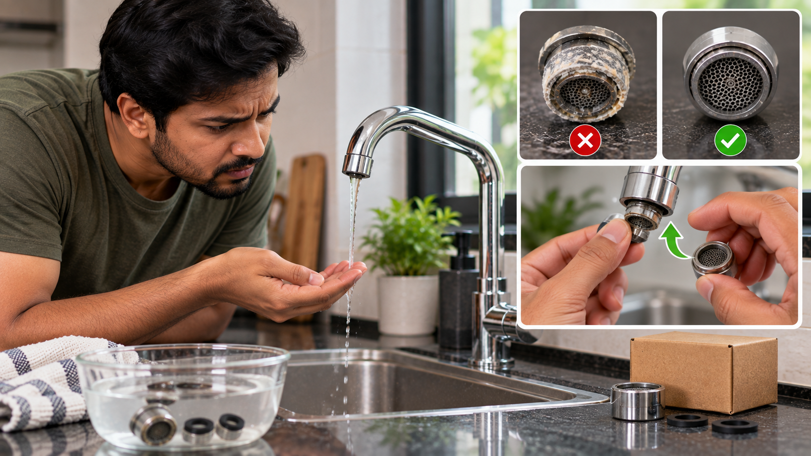 Homeowner replacing a mineral-clogged faucet aerator with a clean replacement to restore weak kitchen tap water flow.