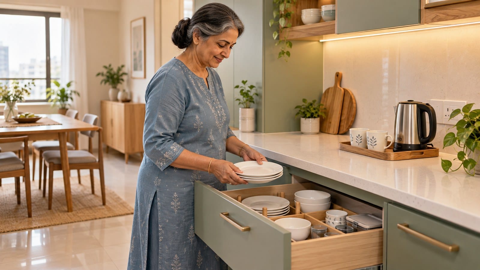 Older Indian woman organizing plates and bowls in a compact kitchen drawer while settling into her new home after downsizing.