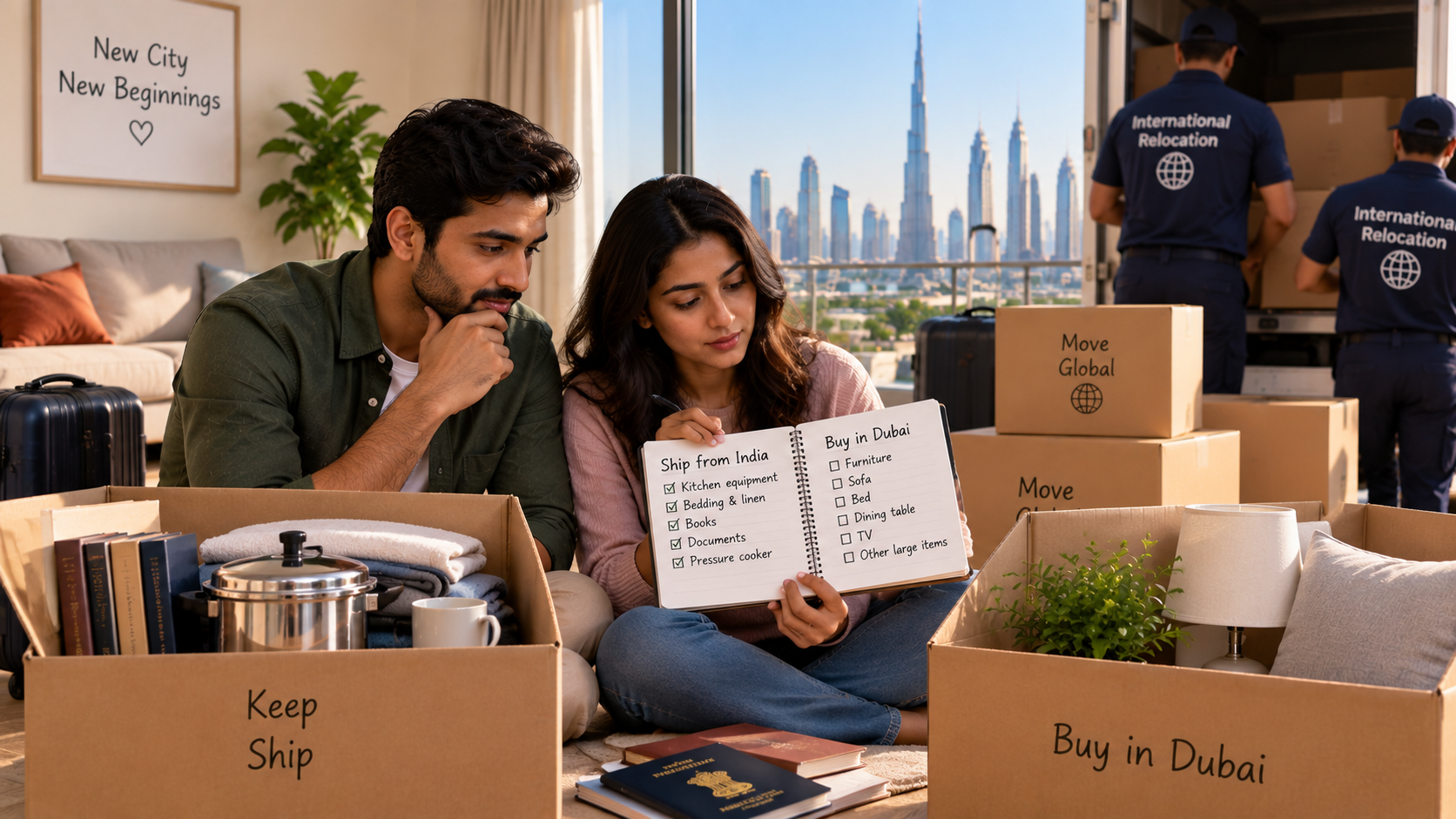 Indian couple sorting household items to ship from India to Dubai while planning an international relocation with professional movers.