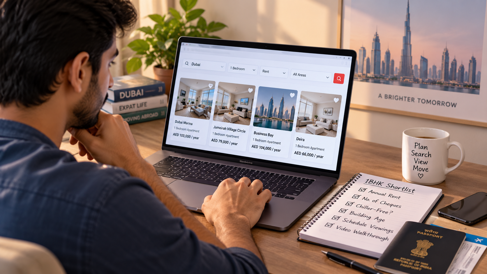 Indian professional shortlisting 1BHK Dubai apartments online, comparing rental listings before relocating from India.