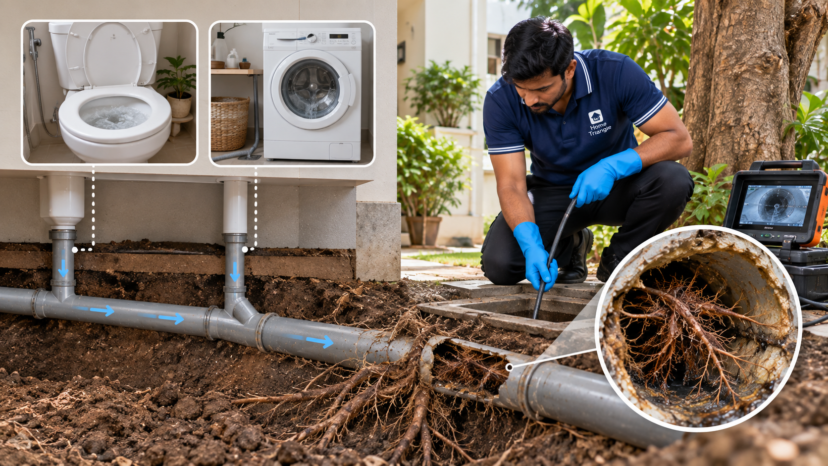 Plumber inspecting a shared sewer line with tree roots invading an underground pipe, causing recurring drainage problems in a home.