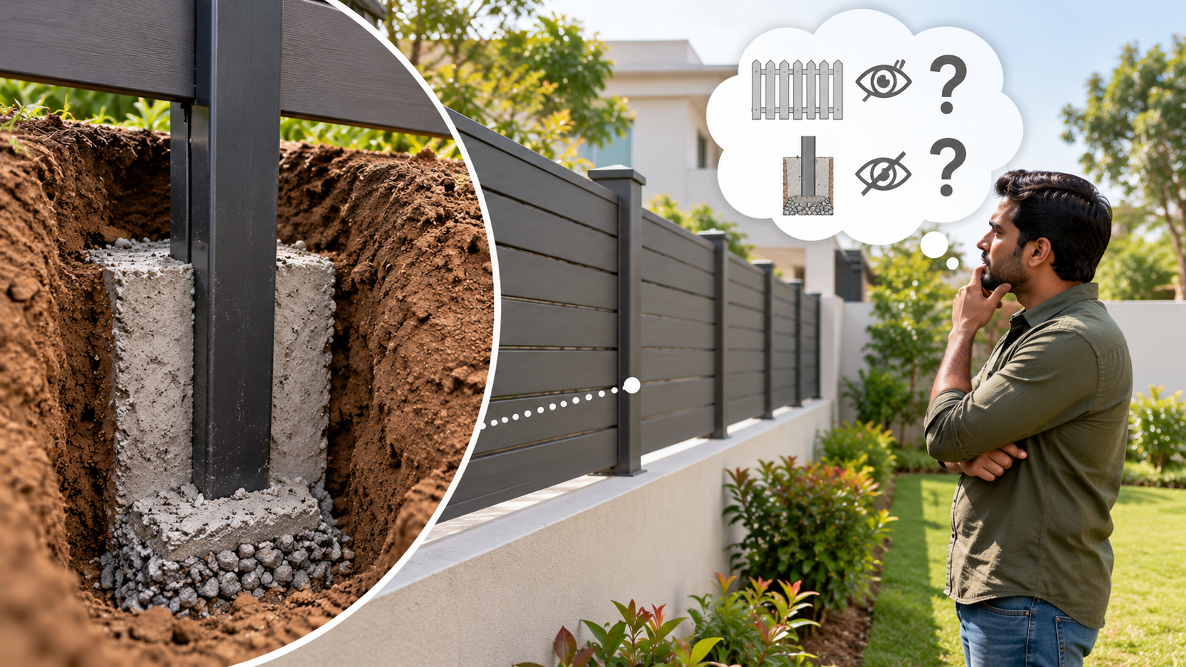 Homeowner inspecting a fence while an underground post foundation reveals the hidden construction quality that affects fencing quotes.