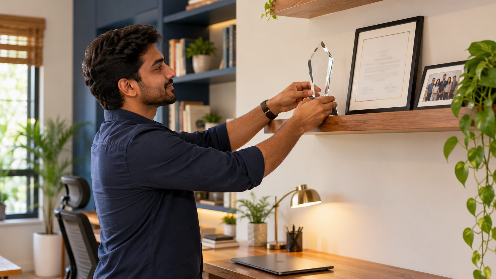 Indian professional arranging an award beside a framed certificate and team photograph.