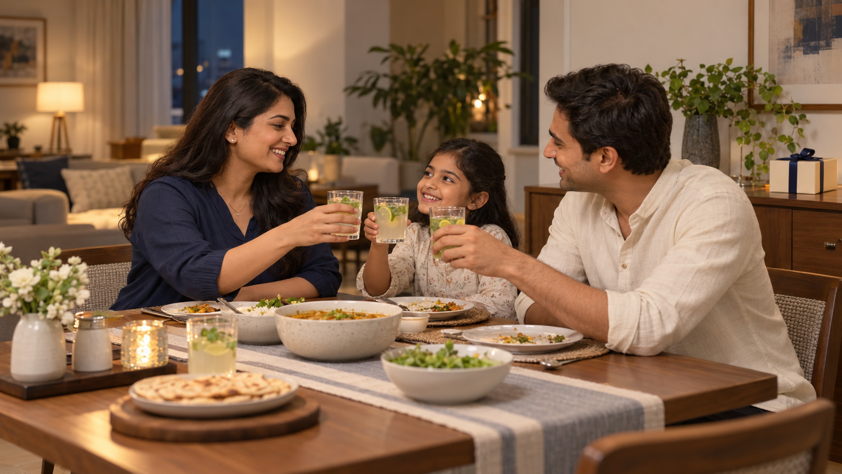 Indian family sharing a celebratory dinner and toast to recognise a career milestone.
