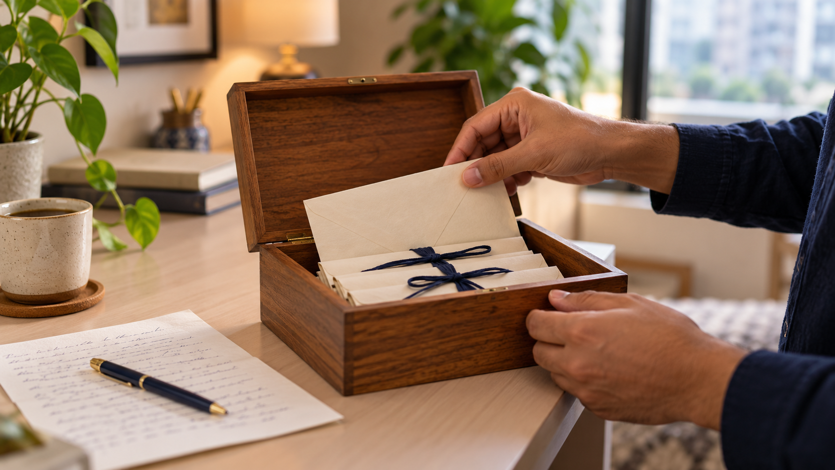 Indian professional placing an annual letter into a keepsake box as a work-anniversary tradition.