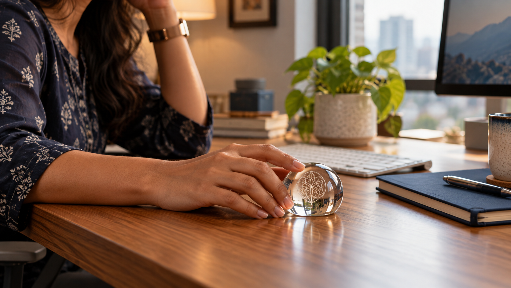 A personal glass keepsake integrated into an Indian professional’s everyday home-office desk.