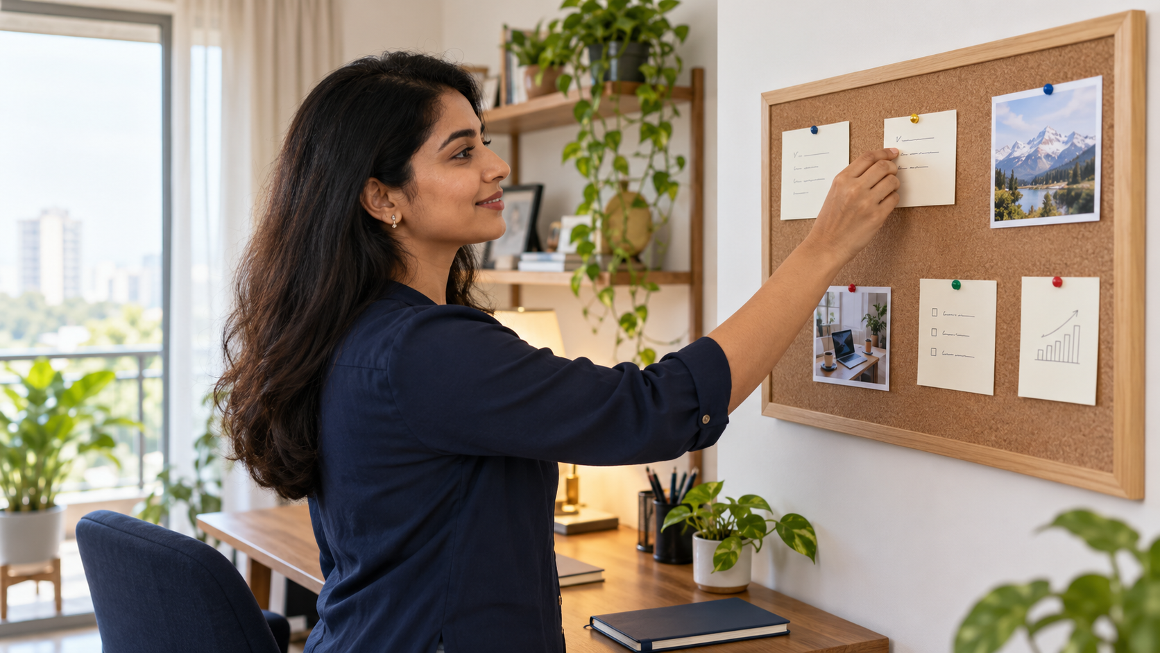 Indian professional adding an achievement card to a career milestone board in her home office.Indian professional adding an achievement card to a career milestone board in her home office.