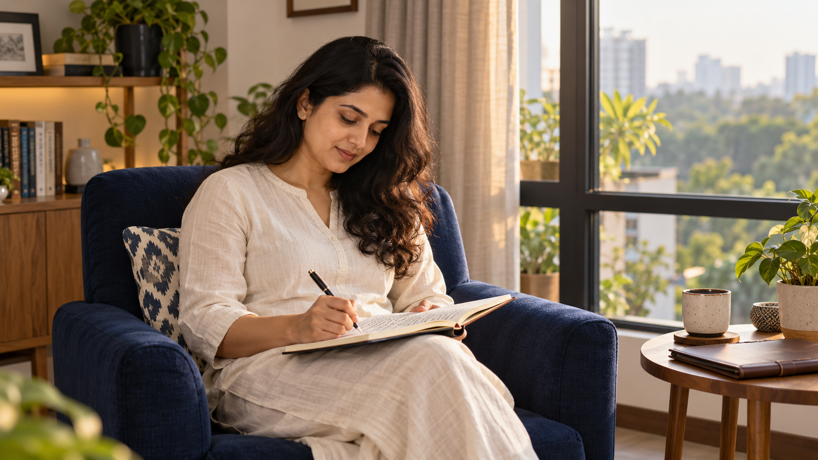 Indian professional reflecting on career growth through handwritten journaling at home.