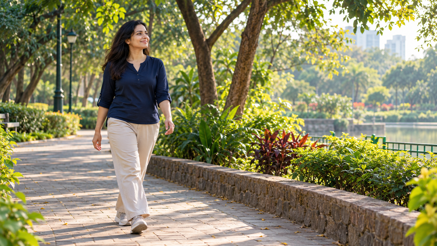 Indian professional enjoying a screen-free park walk to mark a career milestone.