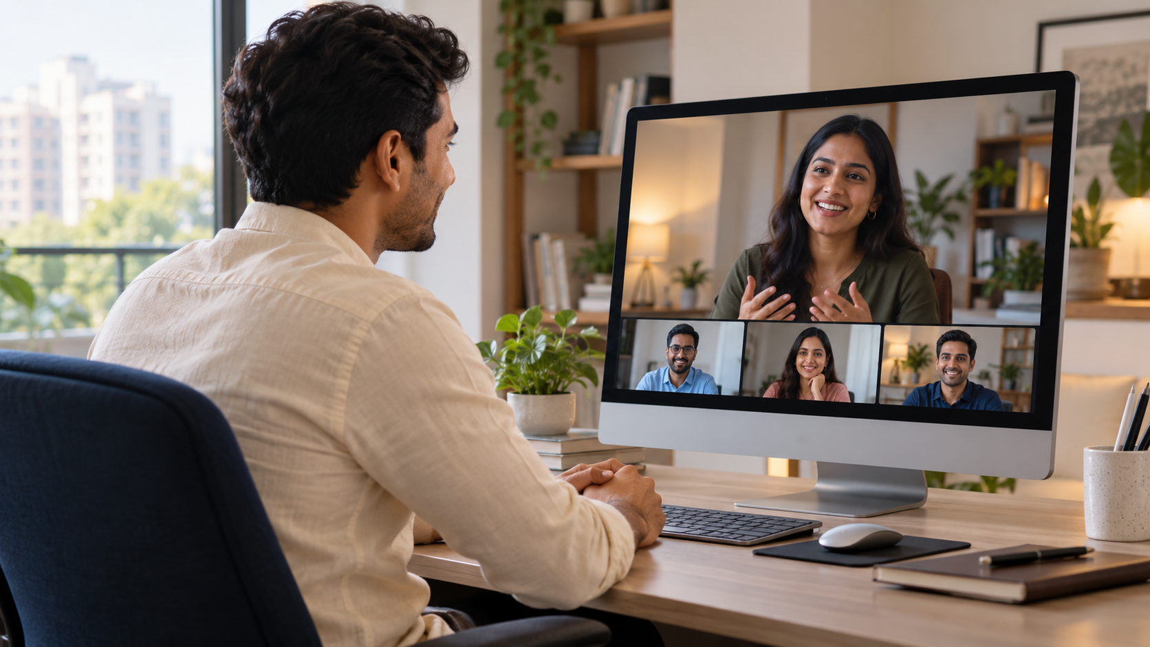 Indian remote worker listening as a colleague shares appreciation during a dedicated video call.