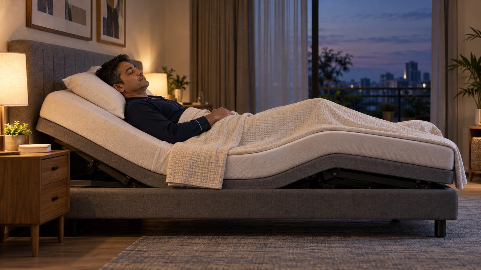 Indian man resting on an adjustable bed with his upper body and knees gently elevated.