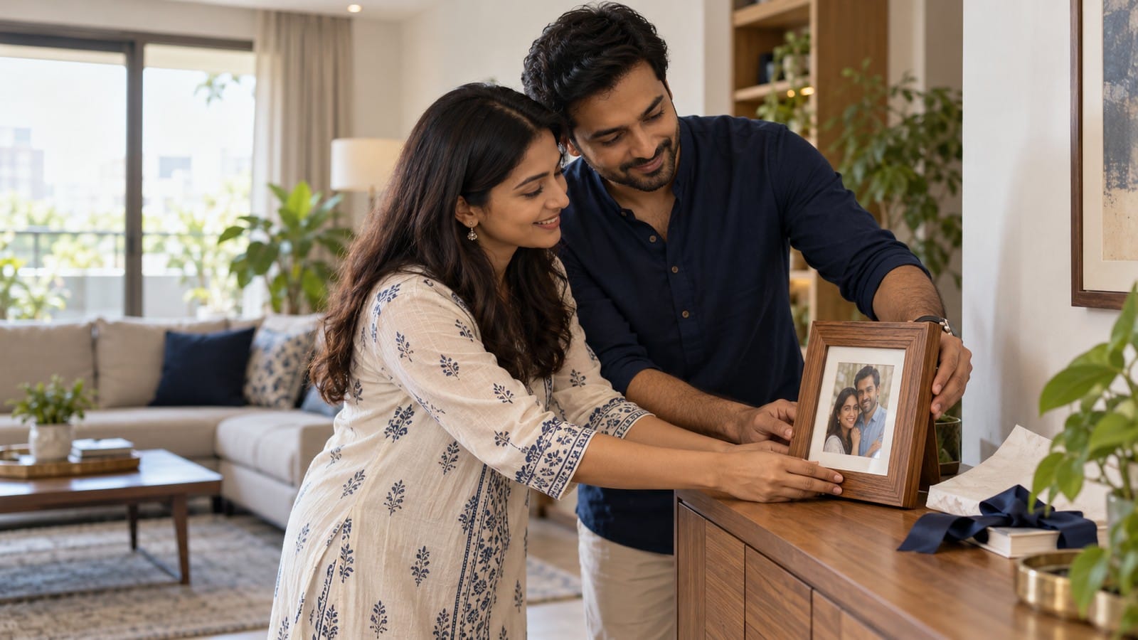 Indian couple placing a gifted photo frame in their living room as a lasting reminder of an anniversary.