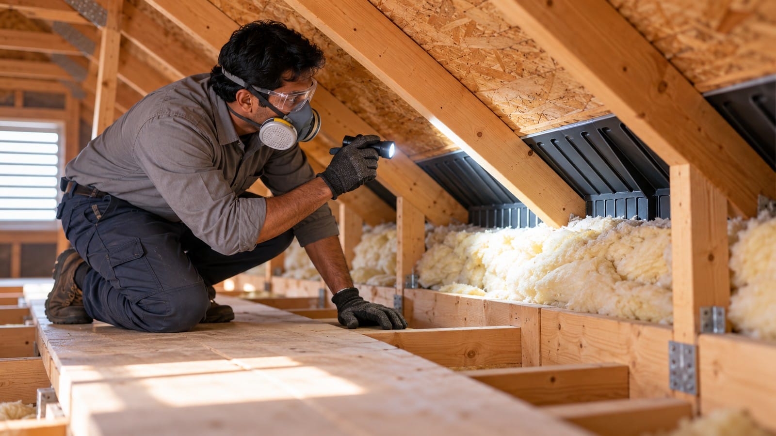 Inspector checking attic ventilation baffles and insulation near the roof eaves.