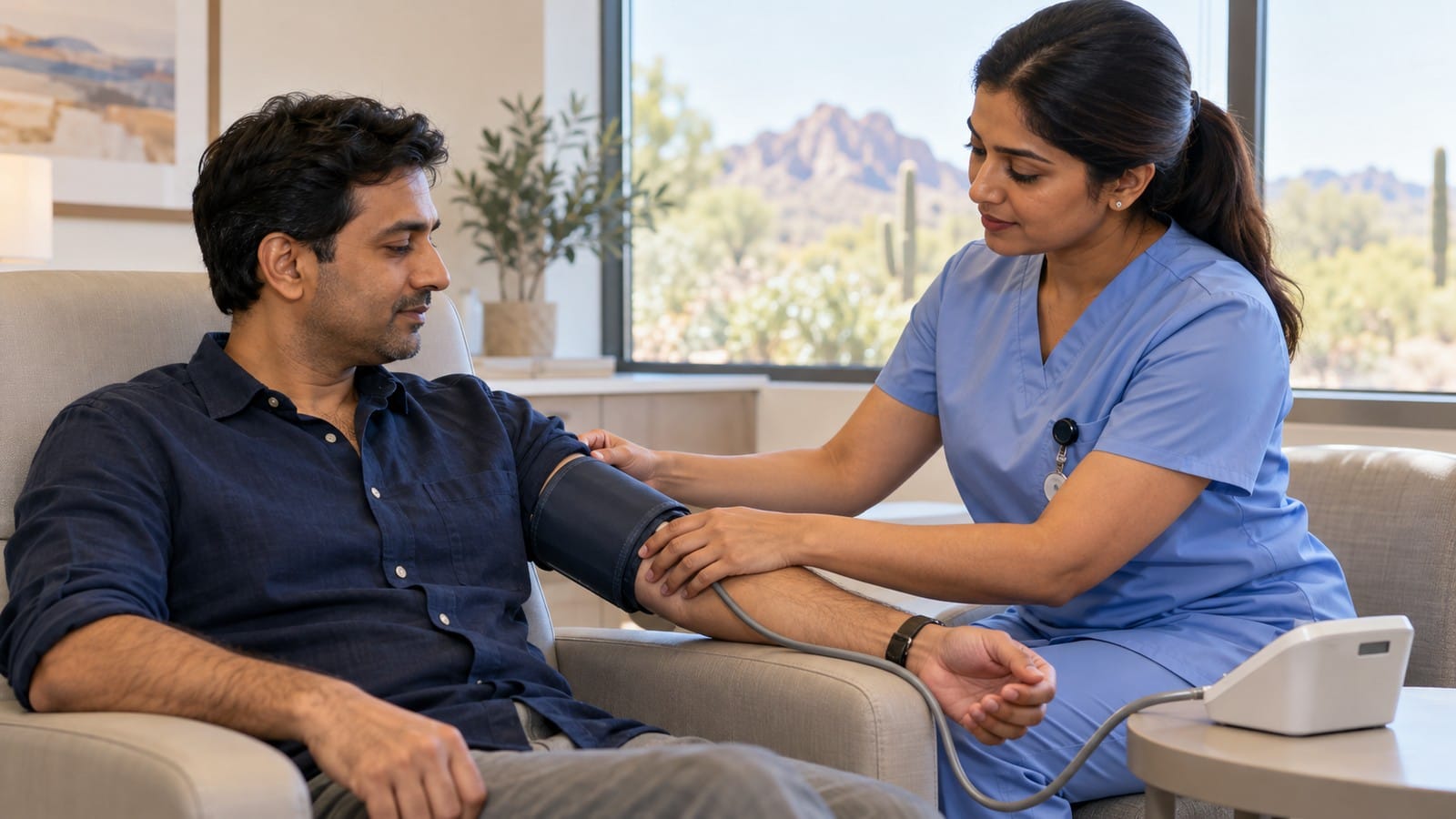 Indian-origin nurse checking a patient’s blood pressure in a supportive clinical setting.