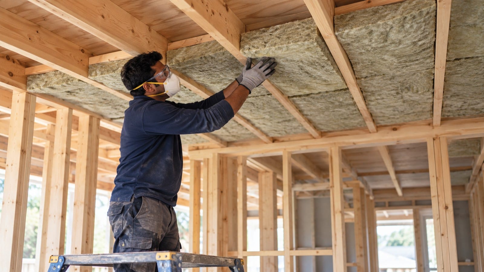 Tradesperson fitting acoustic insulation between timber floor joists before ceiling installation.