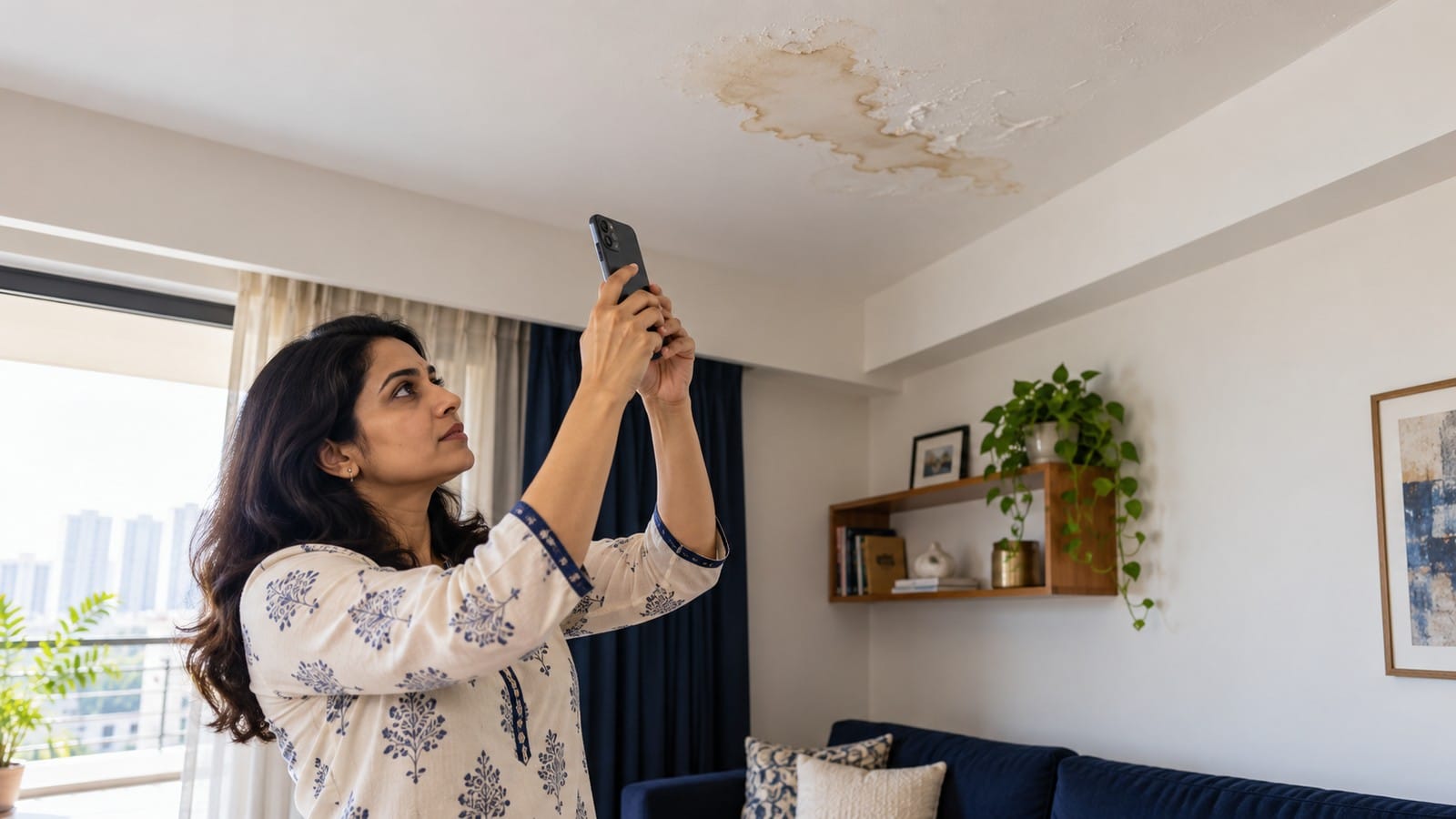 Indian homeowner photographing a ceiling water stain that may indicate a hidden leak.