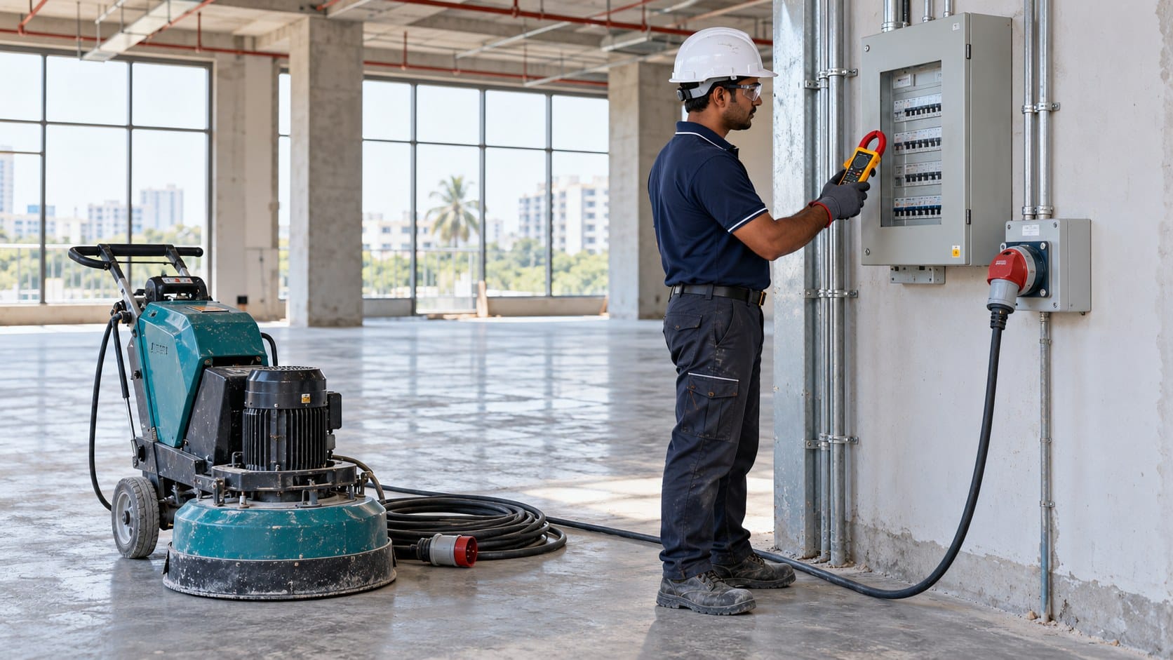 Indian technician checks commercial electrical supply before connecting a concrete grinder at an unfinished worksite