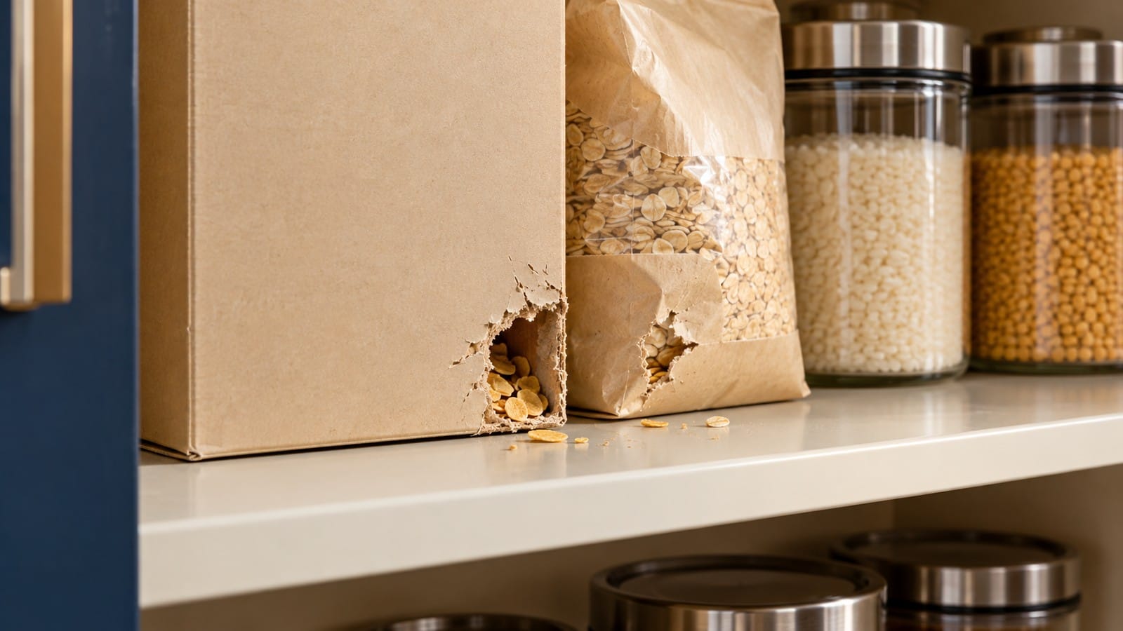Ragged holes in pantry food packaging beside sealed storage containers, showing damage worth investigating.