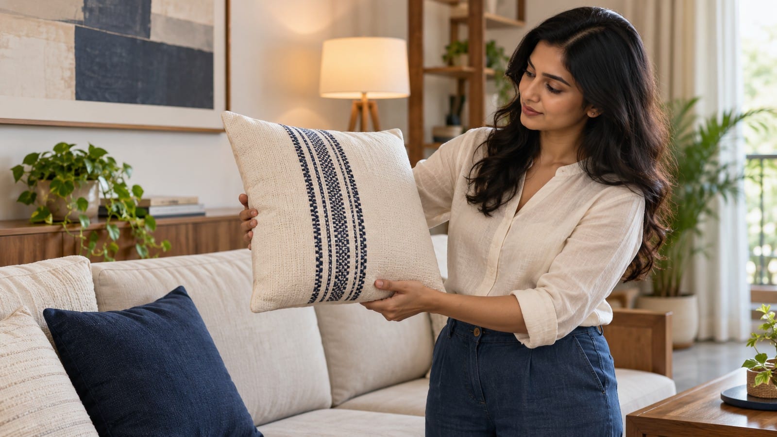 Indian woman choosing a textured cushion that complements the existing colours and style of a living room.