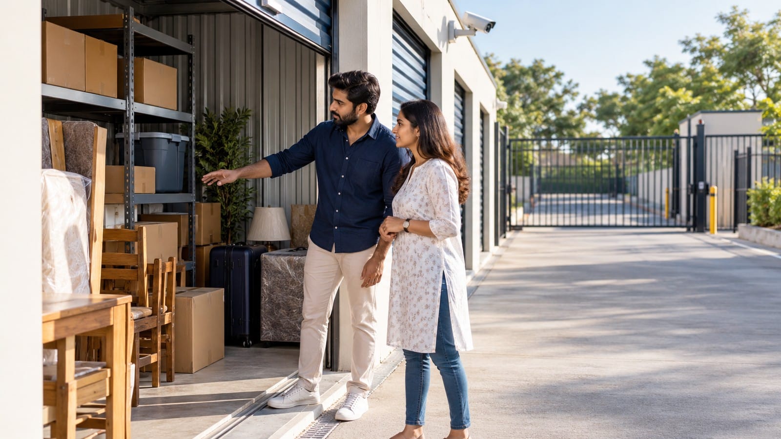 Indian couple inspecting a drive-up furniture storage unit at a gated facility with CCTV.