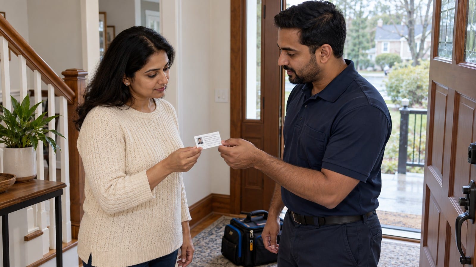 Indian-origin homeowner checking a smartphone alert beside a water-leak sensor under a sink.