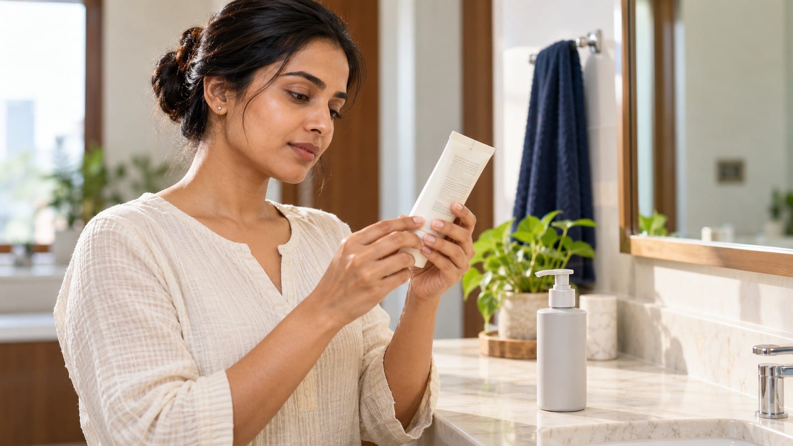 Indian woman reviewing cleanser product information before choosing a formula for her skincare needs.