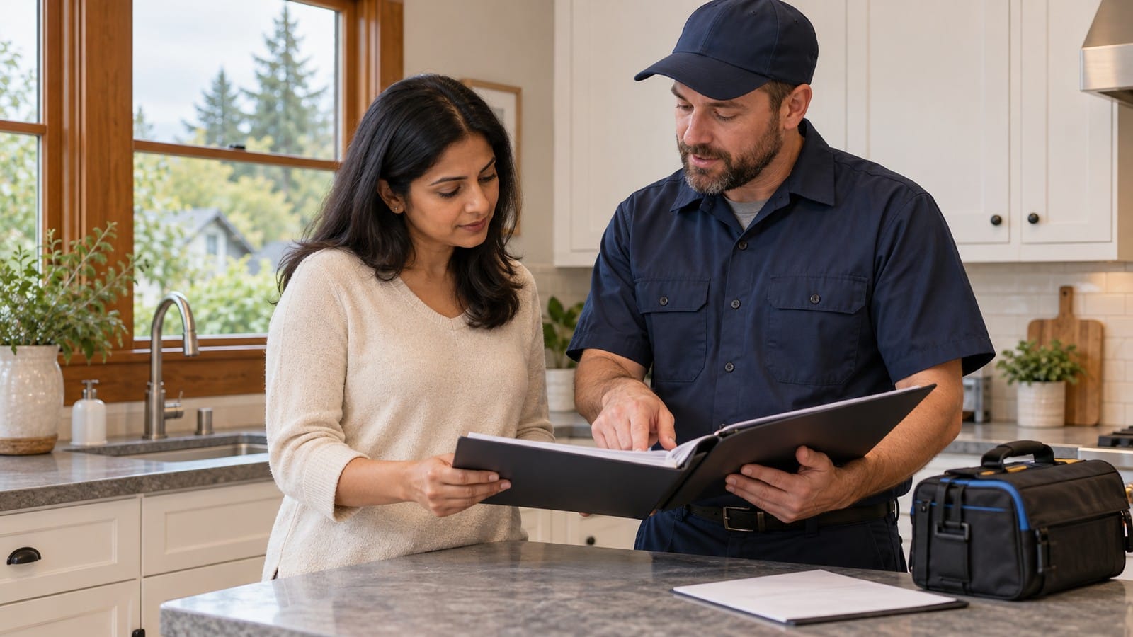 Homeowner reviewing a plumber’s credentials and proposed scope of work before repairs begin.