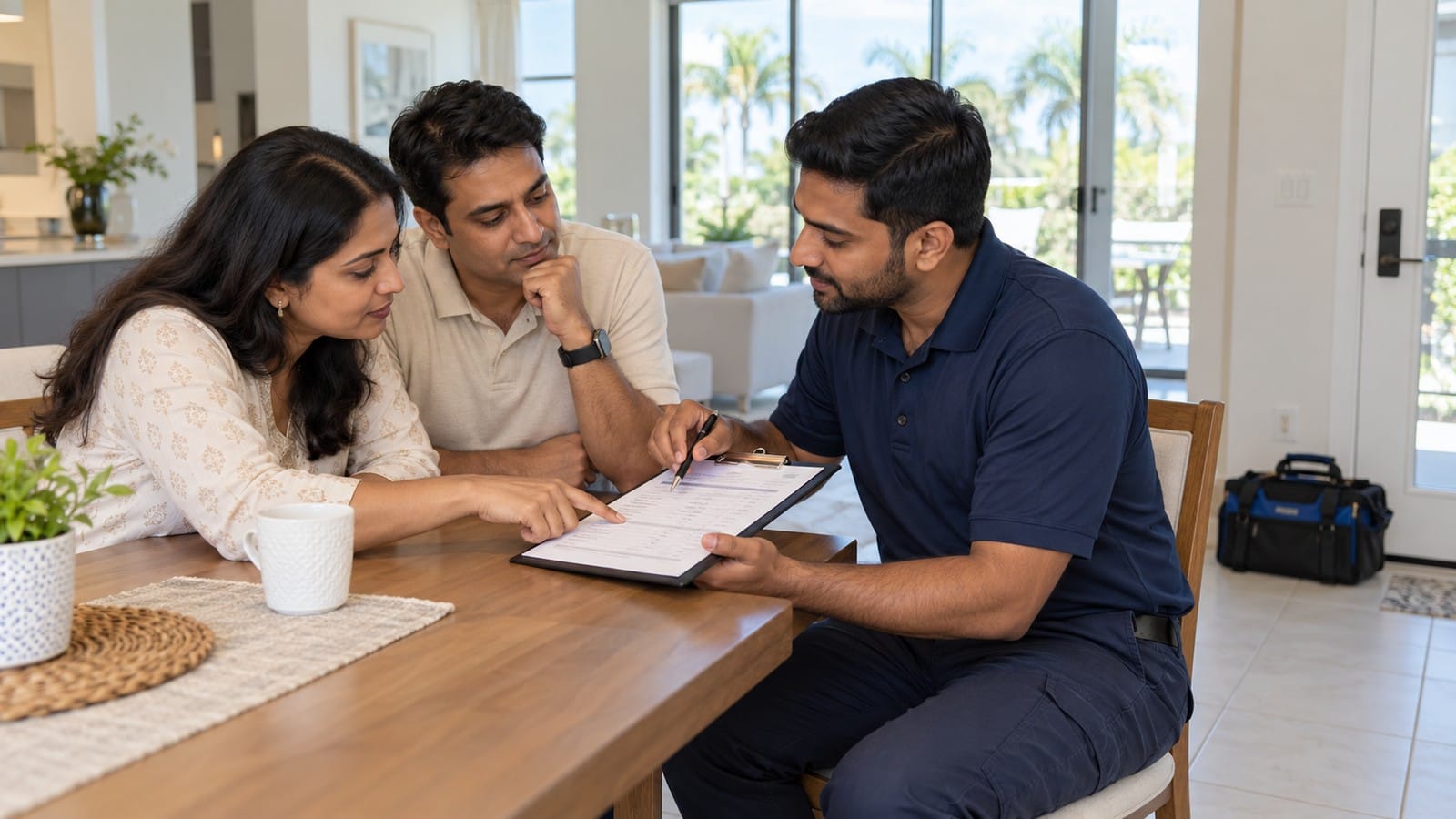 Indian-origin homeowners reviewing a written plumbing estimate with a professional in a Fort Myers-style home.