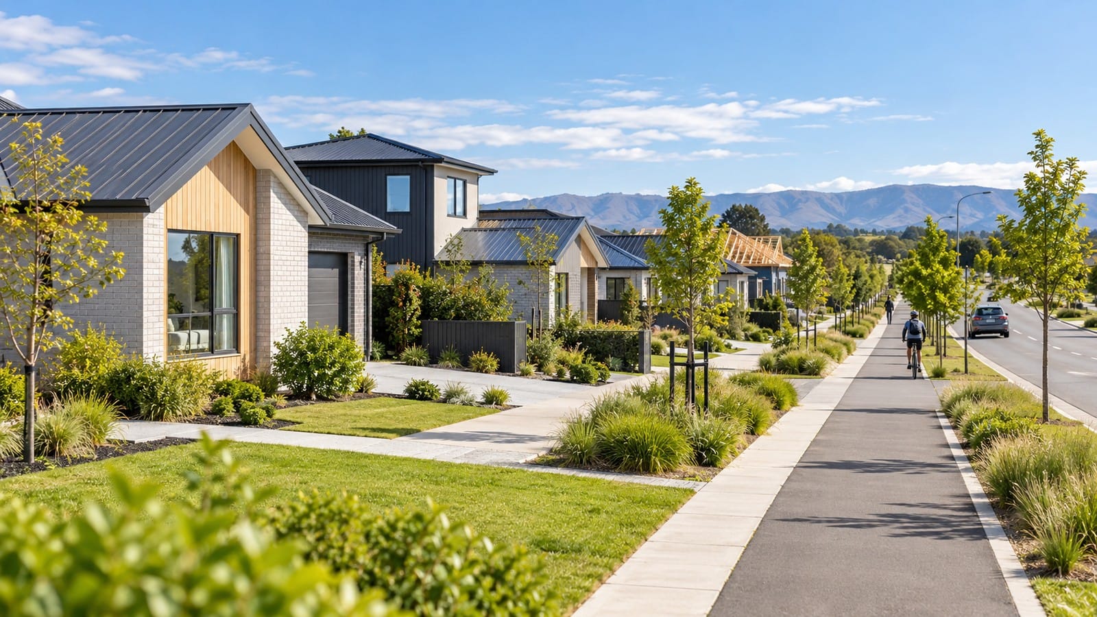 Illustrative Christchurch neighbourhood with modern homes, landscaped gardens and a cycling route.