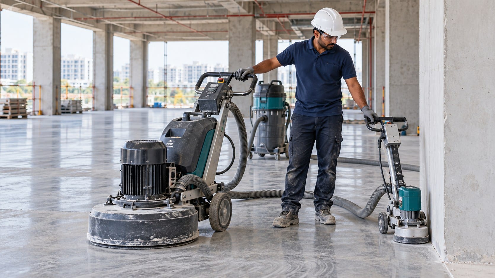 Indian contractor with large and compact concrete grinders for open-floor and edge work at a commercial site.