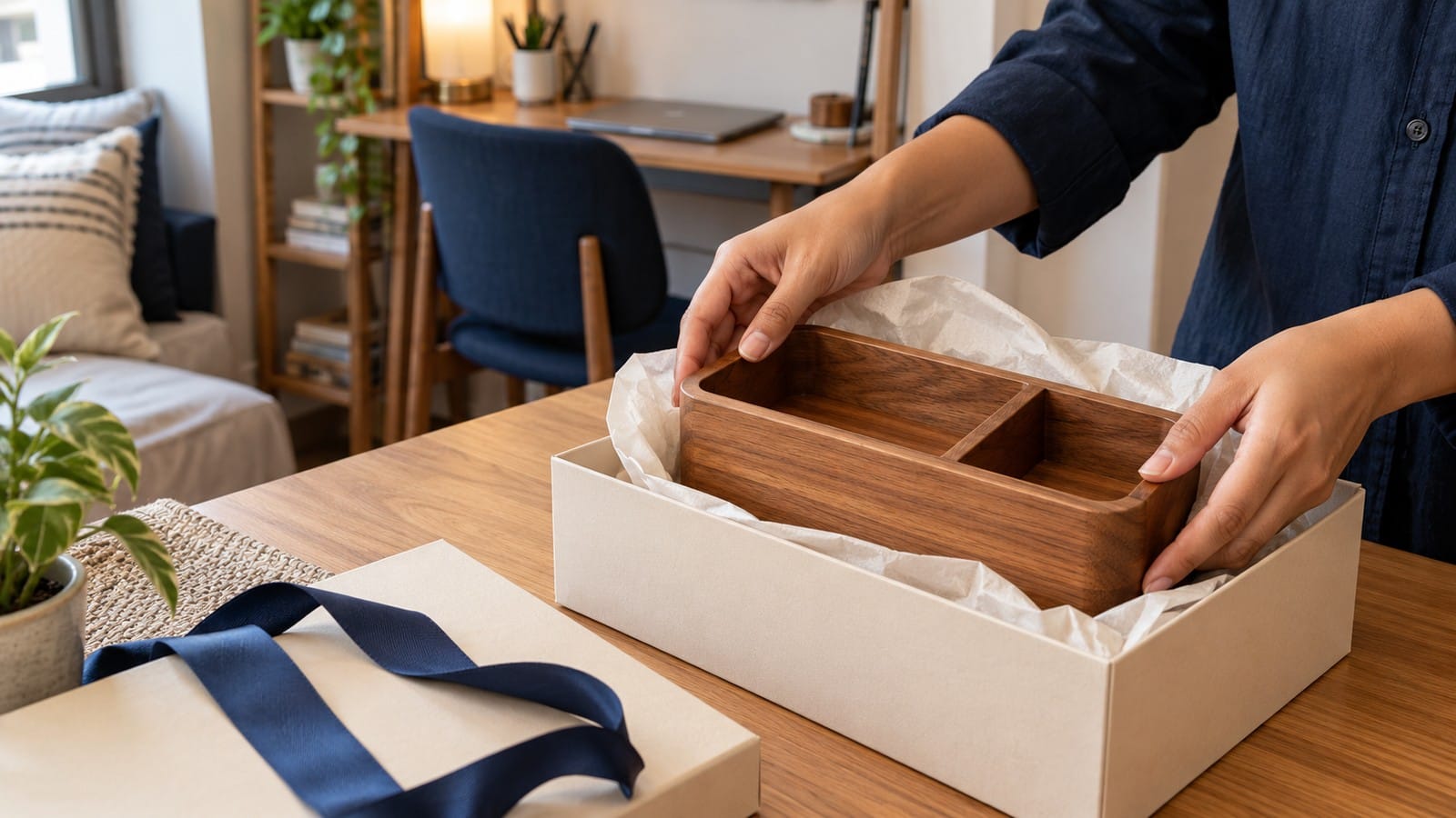 Compact wooden desk organiser packed in a protective gift box, illustrating practical decor gifts for small homes.