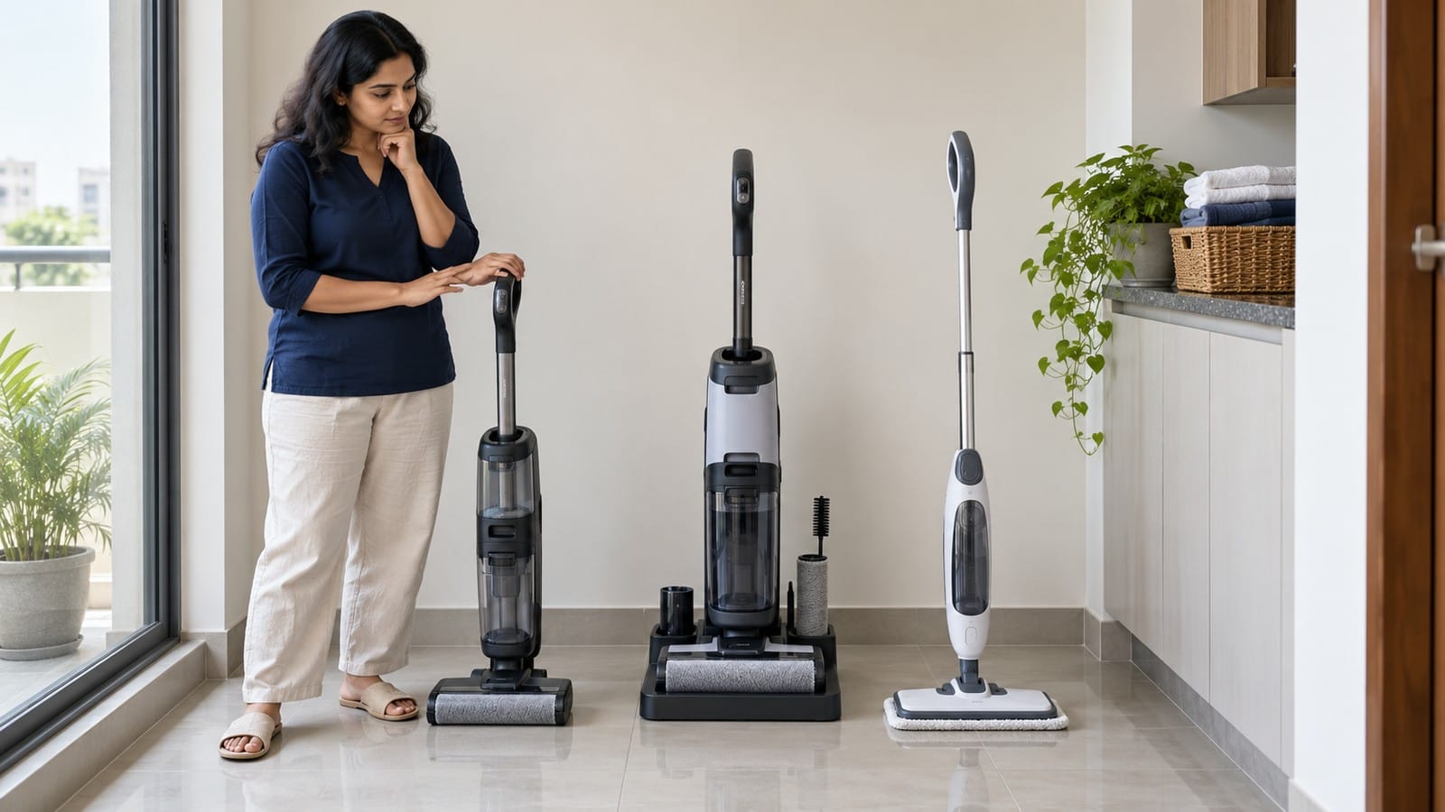 Indian homeowner comparing compact and larger floor washers with a steam mop.