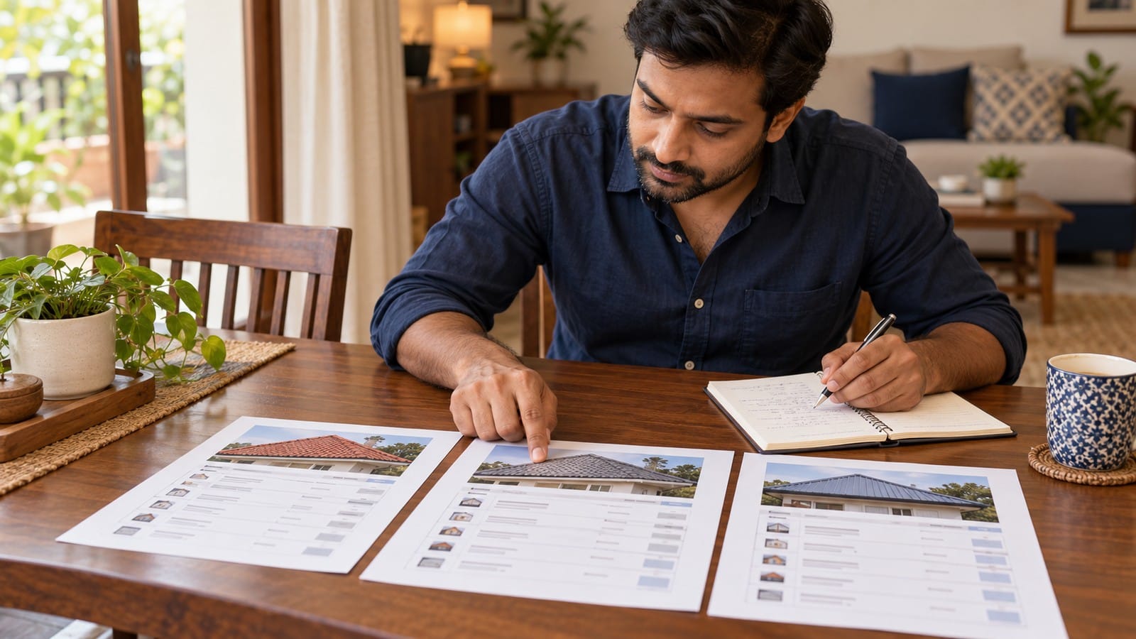 Indian homeowner comparing three roofing quotes side by side and recording notes.