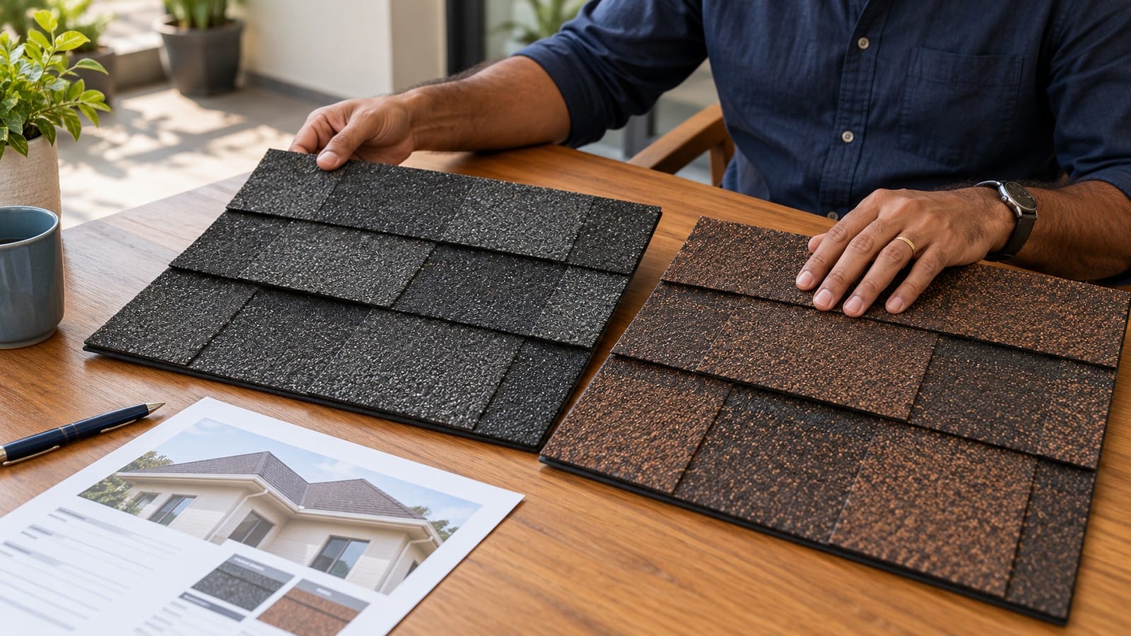 Homeowner comparing charcoal and brown architectural roofing shingle samples.