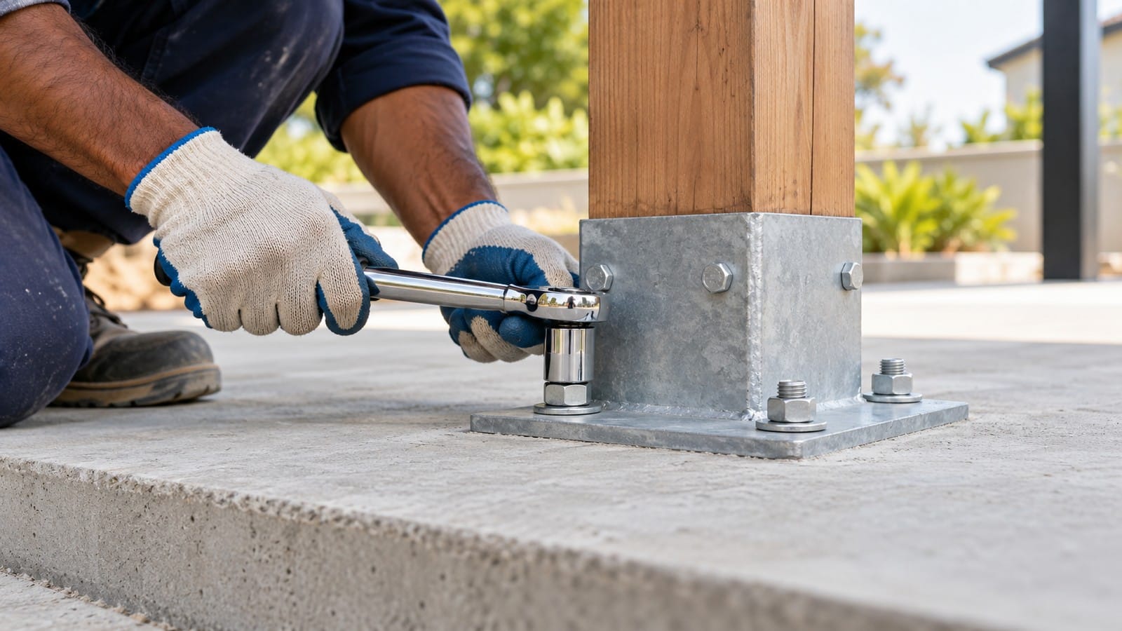 Builder tightening an anchor nut securing a metal post base to a concrete slab.