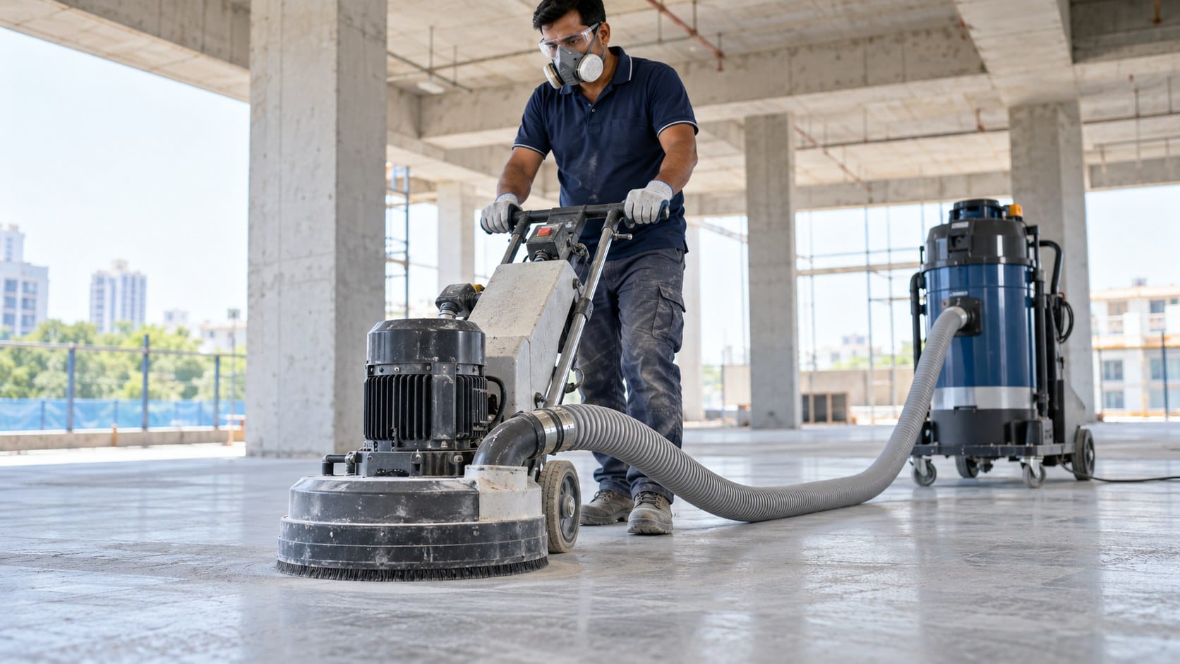 Commercial concrete grinder with fitted dust shroud and extraction hose connected to a HEPA vacuum at an Indian worksite