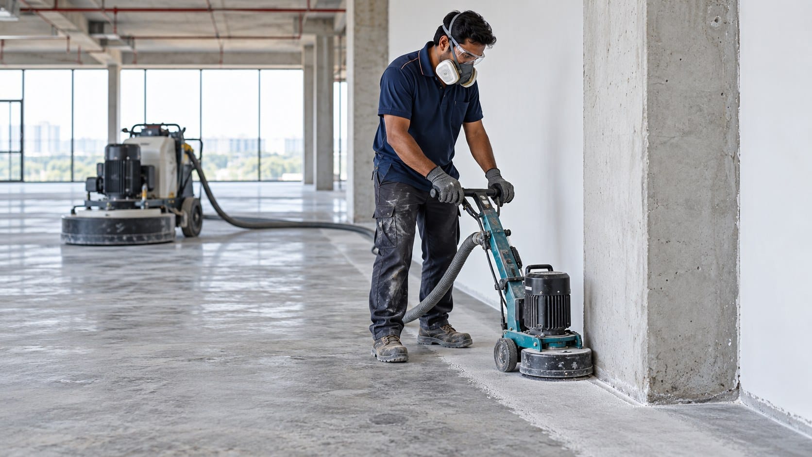 Indian flooring professional uses a compact concrete grinder along a wall and column while a large grinder sits on the open floor.