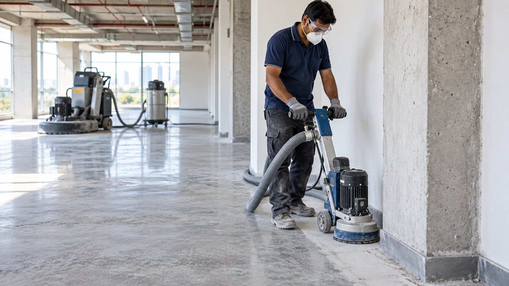Compact concrete grinder working beside a wall in an Indian commercial site, with a larger grinder on the open floor behind