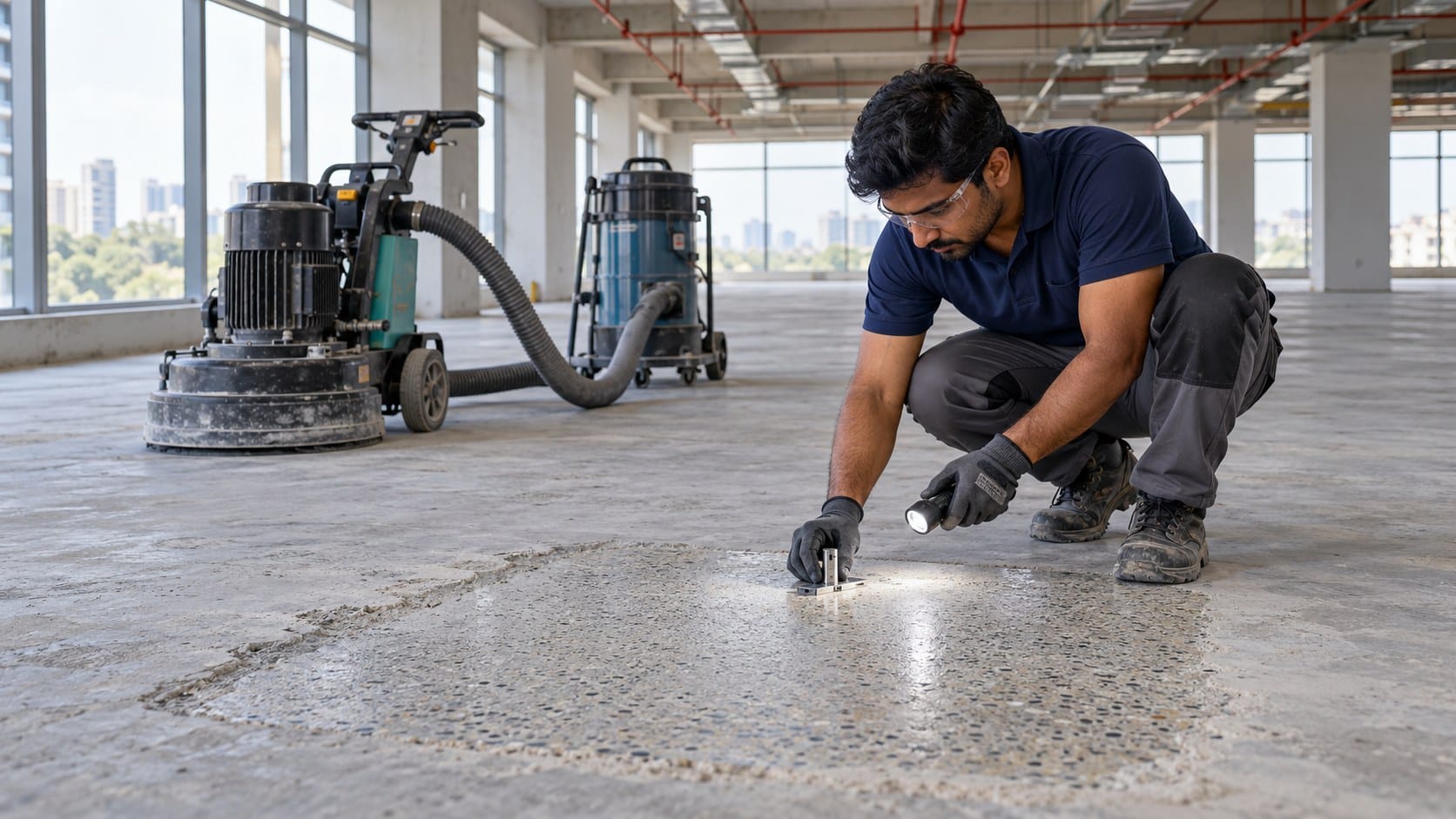 Indian flooring professional inspecting a small concrete test patch before grinding the full commercial floor