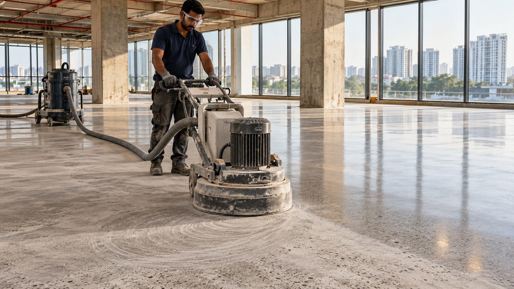 Commercial floor grinder on a matte concrete surface transitioning to a smoother polished finish in an Indian workspace.
