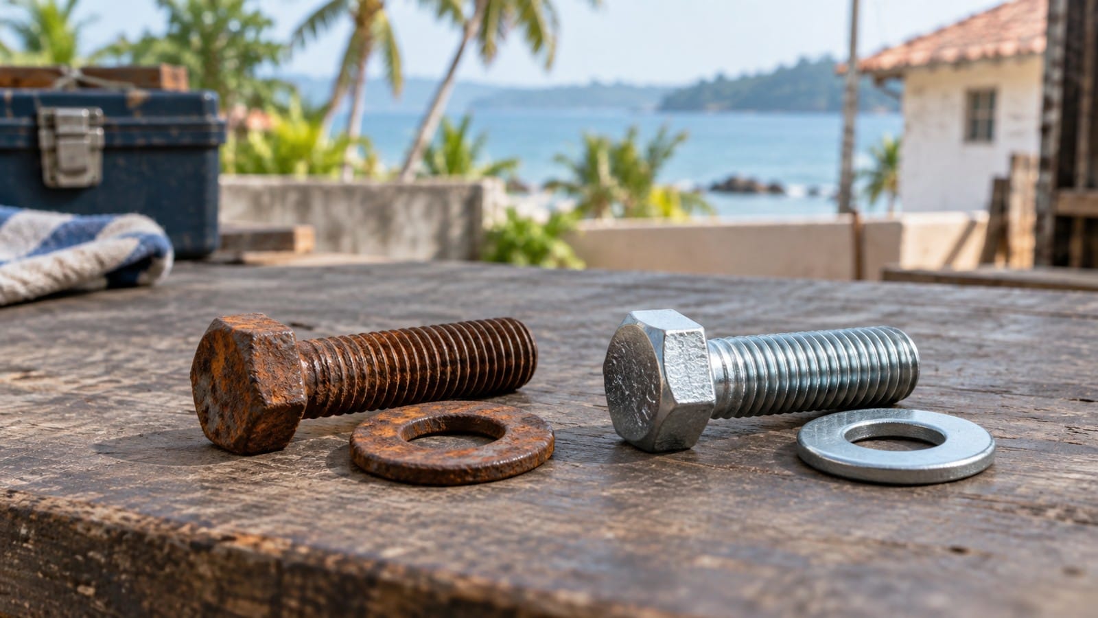 Rusted and clean bolts with washers illustrating corrosion on construction fasteners.