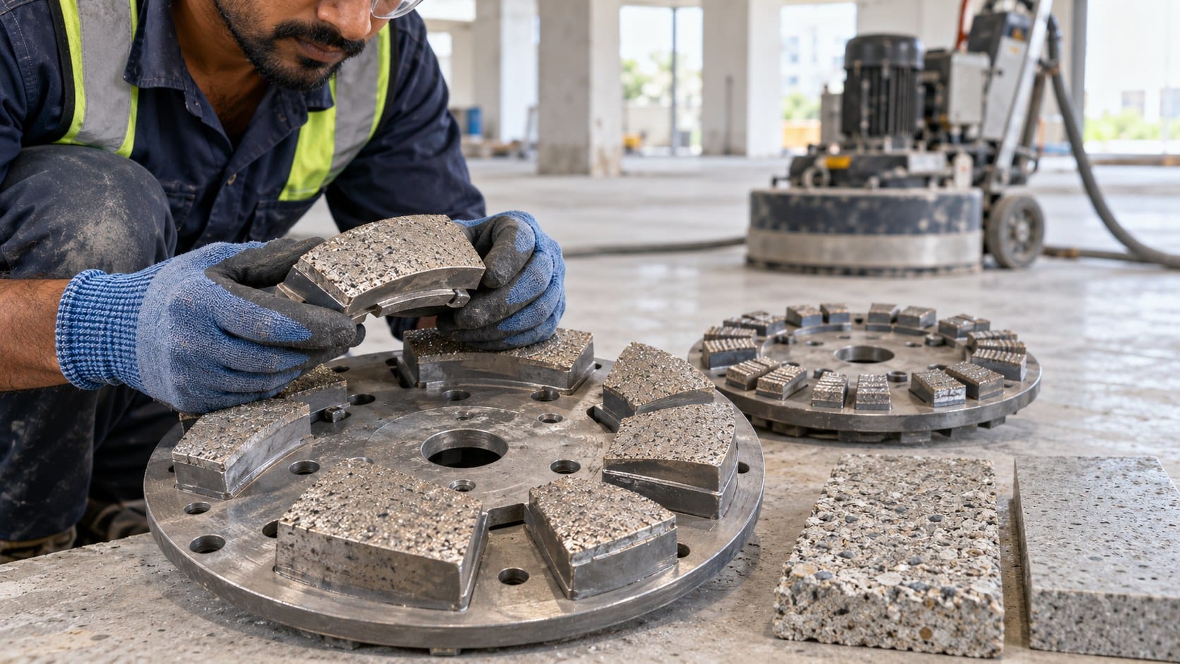 Indian flooring professional selecting coarse diamond segments on a concrete grinder plate for initial surface removal.