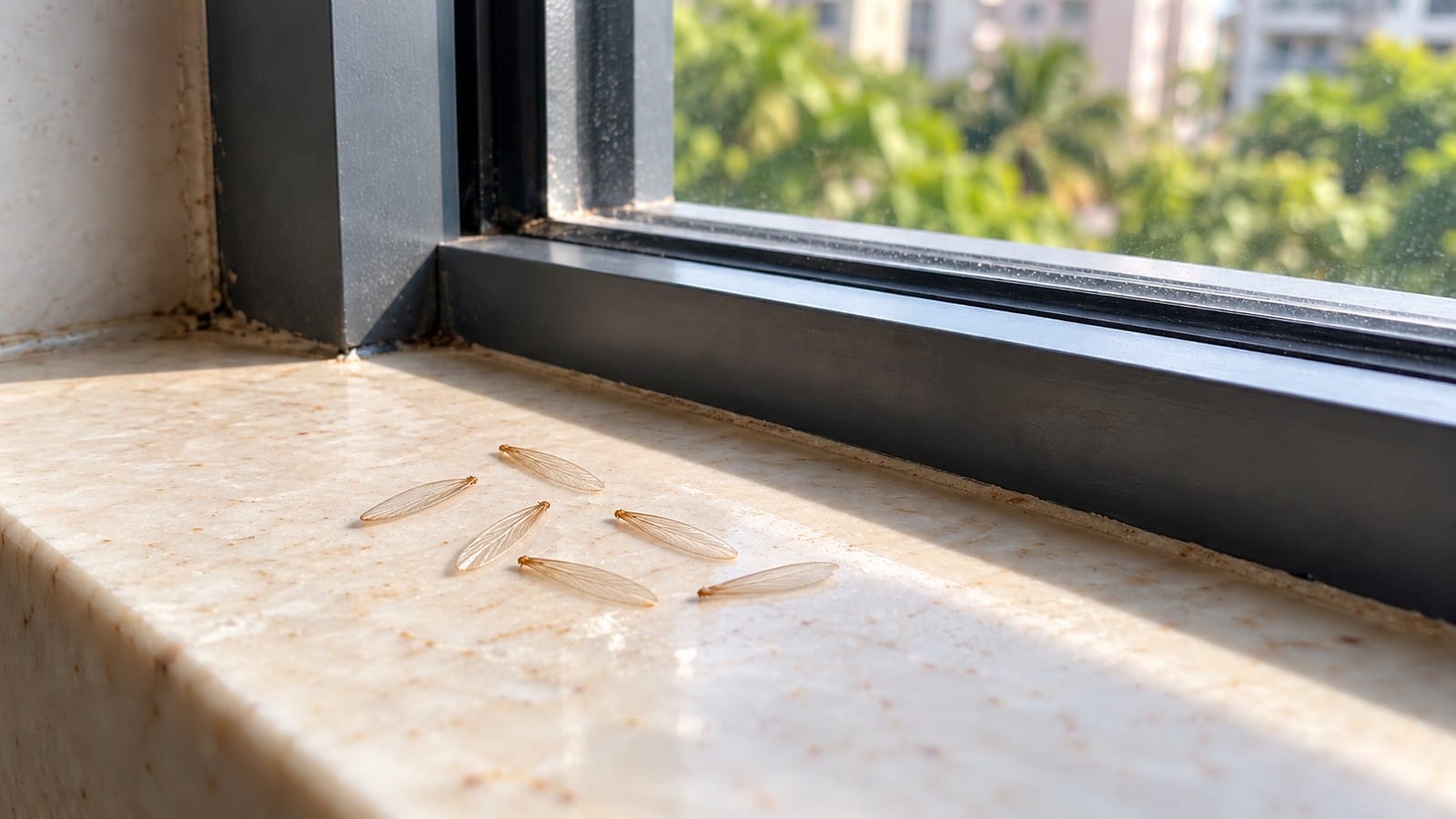 Small discarded insect wings on a window sill, a clue requiring identification when termites are suspected.